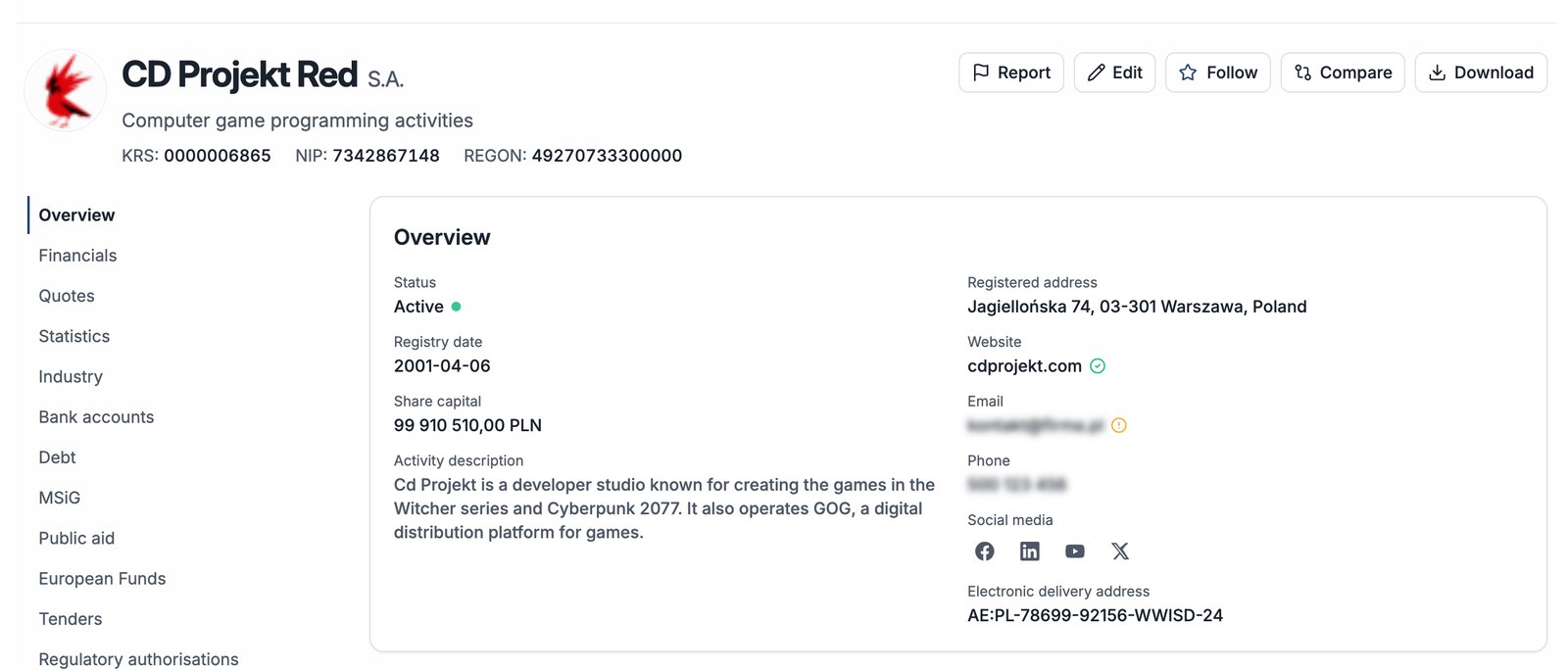 Compabase 企業檔案——CD Projekt Red S.A. 概況